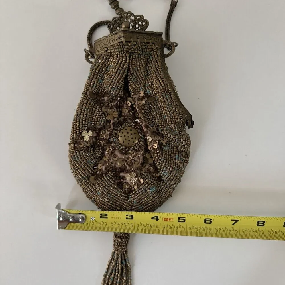 Antique 1920s Glass Beaded Victorian Flapper Purse Ornate Metal Frame W/ Mirror